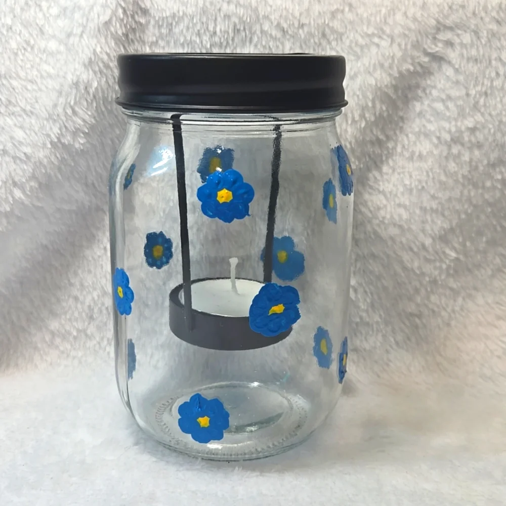 Hand Crafted Floral Painted Glass Jars with Black Lids Candle Holder